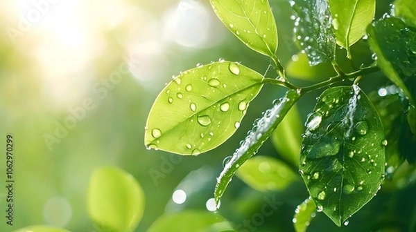 Fototapeta Dewdrops nature texture concept. Fresh green leaves glistening with water droplets under soft sunlight, embodying nature's beauty and vitality.