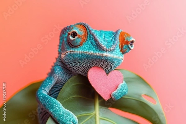 Fototapeta Minimalistic chameleon with heart on leaf - vibrant love concept
