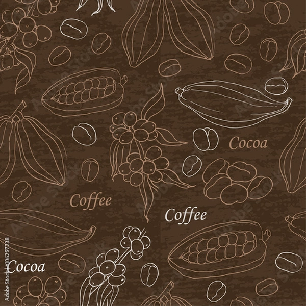Fototapeta Seamless pattern with coffee and cocoa elements on vintage background.