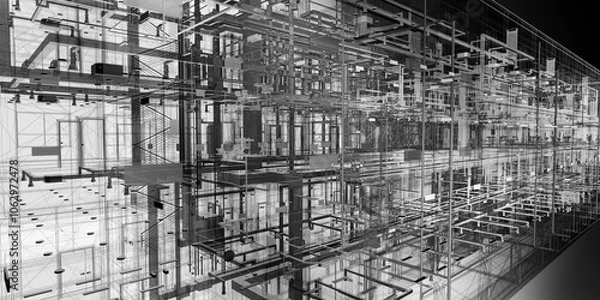 Fototapeta The abstract view of BIM model utilities of wireframe view