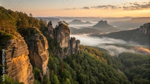 Fototapeta Softly Illuminated Golden Light at Dawn on Towering Sandstone Pillars in a Serene Natural Landscape