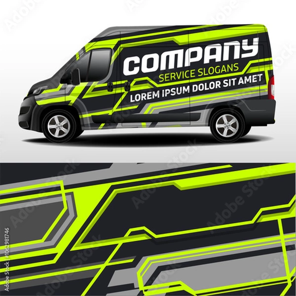 Fototapeta Delivery van vector design. Car design development for the company. Car branding. Decal with car brand in gray and light green color