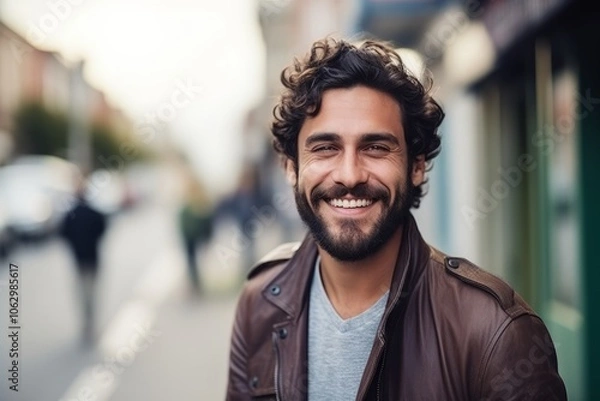 Fototapeta Portrait of a handsome young man smiling at the camera on the street