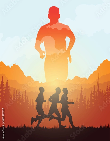Fototapeta Running, run, running silhouette, runner silhouette, sport, illustration, vector, trail running, marathon.