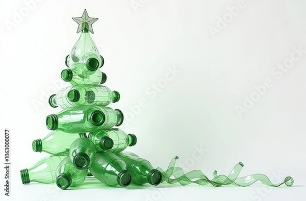 Fototapeta Creative reuse of green plastic bottles arranged as a Christmas tree decoration for festivities