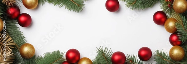 Fototapeta horizontal Christmas banner with pine branches decorated with red and gold balls