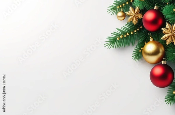Fototapeta christmas banner with space for text on the left whith golden stars and red balls, white background