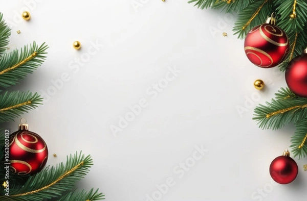 Fototapeta christmas background with christmas tree branches and balls, banner with space for text in the middle with gold stars and red balls