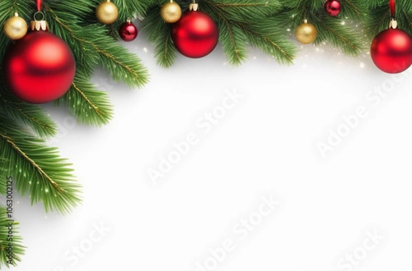 Fototapeta Christmas banner with space for text on the right, christmas tree, with gold and red balls, gold glitter