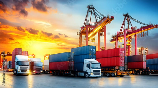 Fototapeta Trucks and shipping containers at a port during sunset, highlighting logistics and transportation. AI Image