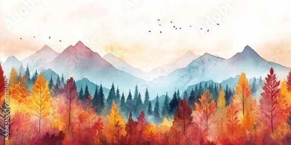 Fototapeta A lovely watercolor painting shows an autumn forest with mountains. The colorful scene is perfect for using as a background or wallpaper.