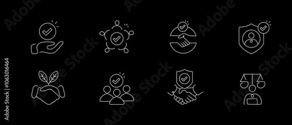 Fototapeta Trust and Reliability Icons Set | Line Style Vector Illustration for Business Integrity, Confidence, and Credibility