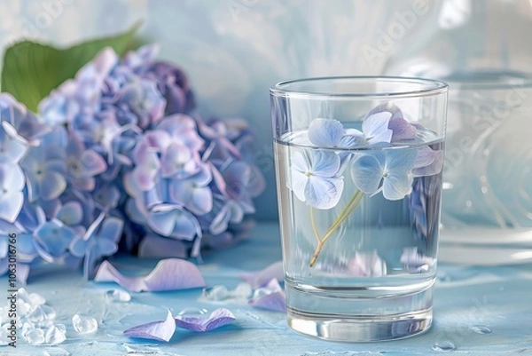 Obraz Delicate blue hydrangeas in glass and water still life. Concept of blue Monday