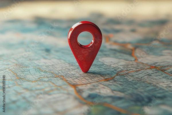 Fototapeta 3D red location pin on map. Location point marker or navigation pin icon sign. Gps, navigation symbol, destination pointer marker, route sign, delivery address target.