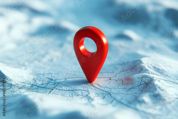 Obraz 3D red location pin on map. Location point marker or navigation pin icon sign. Gps, navigation symbol, destination pointer marker, route sign, delivery address target.