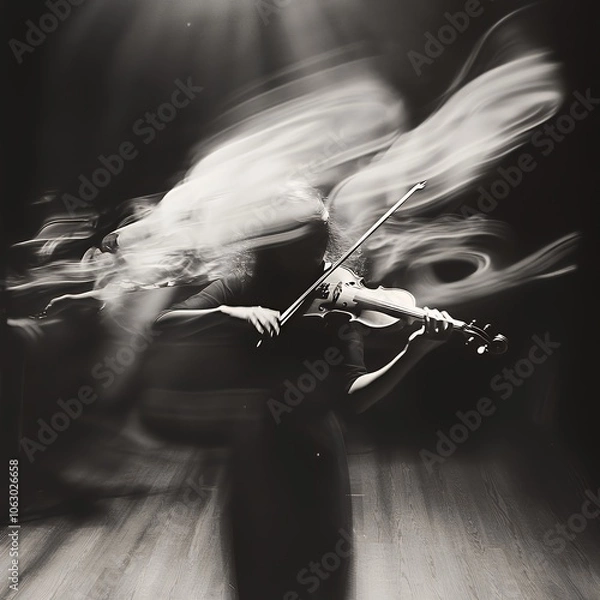 Fototapeta A woman plays the violin with motion blur, creating a ghostly effect.