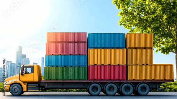 Fototapeta A yellow truck transporting colorful shipping containers in an urban setting. AI Image