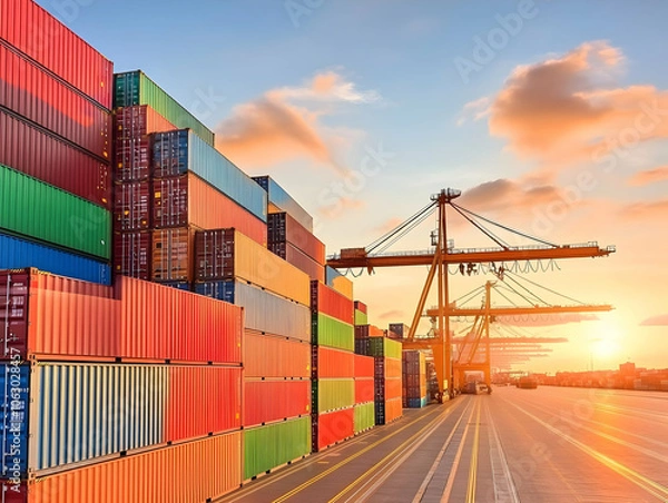 Obraz A vibrant port scene with stacked shipping containers at sunset, highlighting industrial activity. AI Image