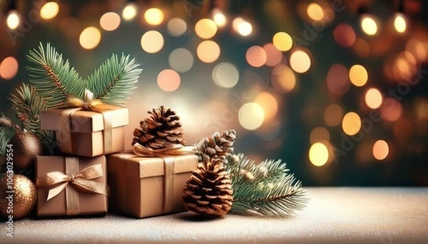 Fototapeta christmas and new year background - gift boxes and pine cones and branches on the background of bokeh garlands