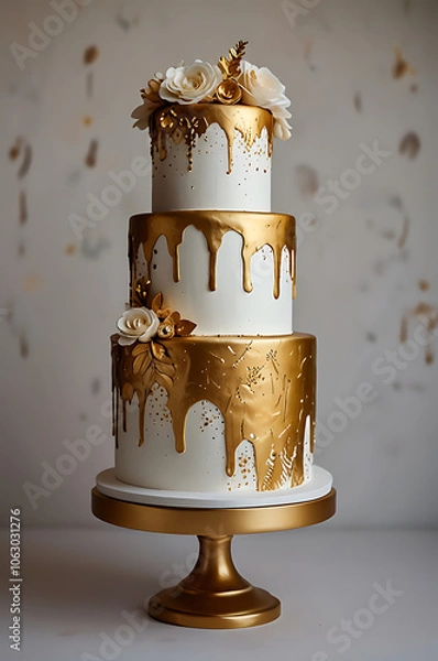 Fototapeta Luxurious wedding cake with gold leaf accents on an elegant white background.