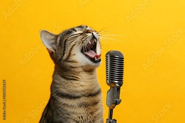 Fototapeta Funny tabby cat singing with a vintage microphone on a vibrant yellow background