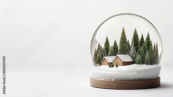 Fototapeta Winter Wonderland Snow Globe with Snowy Pine Forest and Cabin