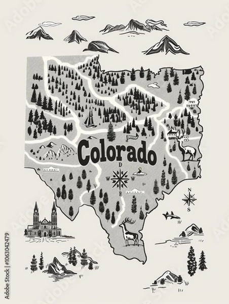 Fototapeta Hand-drawn map of Colorado with iconic landmarks and nature scenes.