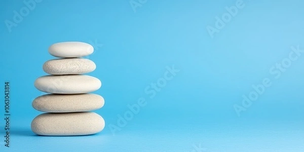 Fototapeta Stacked smooth stones on a blue background, symbolizing balance and tranquility.