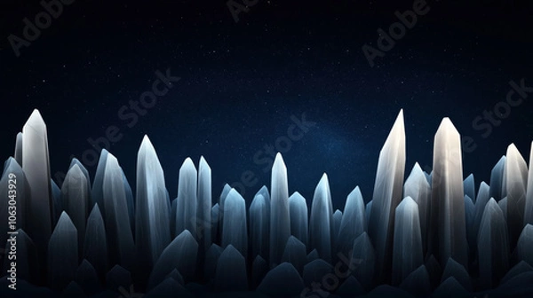 Obraz Digital illustration of tall, jagged crystal formations under a starry night sky, showcasing abstract geometric shapes with a mystical ambiance.