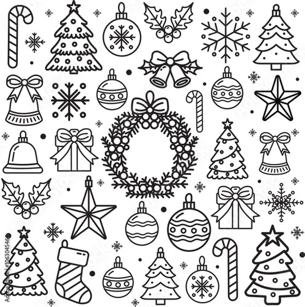 Obraz Elegant Minimalist Christmas Holiday Outline Icon Set – Seamless Pattern with Festive Trees, Ornaments, Snowflakes, and Winter Decorations