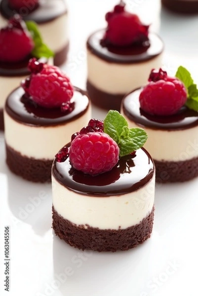 Fototapeta Delicious mini chocolate raspberry cheesecakes garnished with fresh raspberries ready to be enjoyed at a dessert table