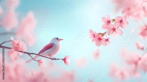 Fototapeta A white bird is perched on a pink branch of a cherry tree