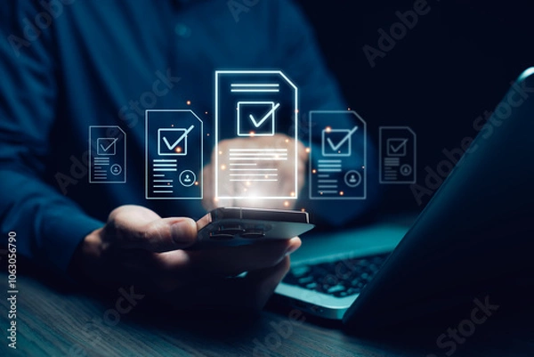 Obraz checklist and clipboard task documentation management, business people working laptop checklist questionnaire assessment form, online survey online exam Choosing the right answer in the exam