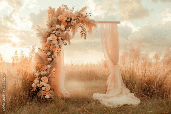 Fototapeta Rustic Wedding Arch Overlay: Pampas Grass and Tulle with Peach and Cream Roses, Vintage Golden Hour Look for Wedding and Maternity Photography