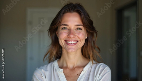 Fototapeta A joyful woman smiling warmly in a serene indoor space, radiating positivity and hope for mental well-being