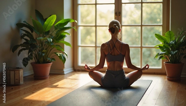 Fototapeta Practicing mindfulness through yoga in a peaceful room surrounded by greenery during golden hour