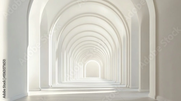 Fototapeta A long white hallway with a series of arches leading to a bright light at the end.