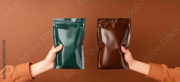 Fototapeta Two hands hold green and brown packaging against a brown background, showcasing different types of products in a minimalist setting