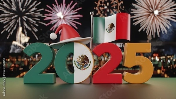 Obraz Festive New Year 2025 banner with Mexican flag and fireworks. AI generated.