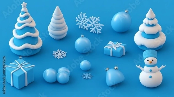 Fototapeta Christmas design elements in 3D cartoon style. Includes Christmas trees in blue and white, snow, gift box, snowman, bauble, and snowflakes.