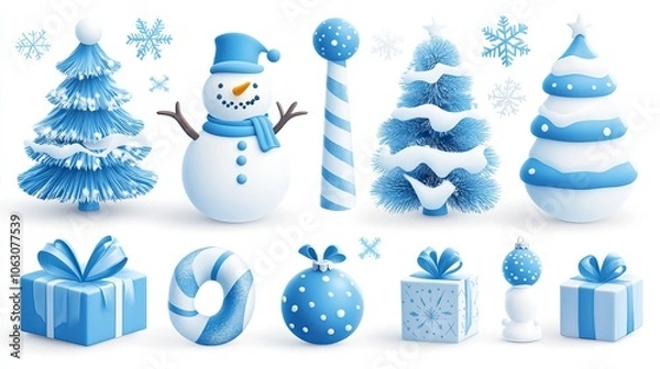 Fototapeta Christmas design elements in 3D cartoon style. Includes Christmas trees in blue and white, snow, gift box, snowman, bauble, and snowflakes.
