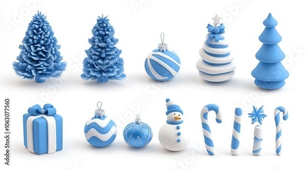 Fototapeta Christmas design elements in 3D cartoon style. Includes Christmas trees in blue and white, snow, gift box, snowman, bauble, and snowflakes.