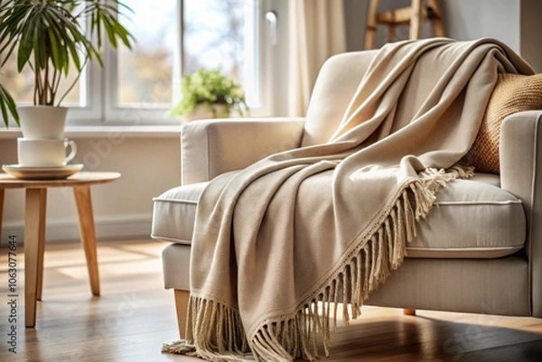 Fototapeta Elegant Architectural Photography of Light Brown Cashmere Blanket Fringes, Capturing Texture and Warmth in a Cozy Interior Setting