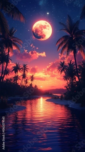 Fototapeta A tropical river flows through a lush jungle towards a bright red full moon and a star-filled night sky.