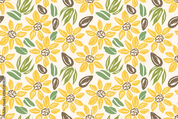 Obraz Sunflower seamless pattern design with beautiful flower and leaves. Flower art. floral and leaf pattern design for fabric, cotton, wallpaper, satin, gift wrap, carpet, background.