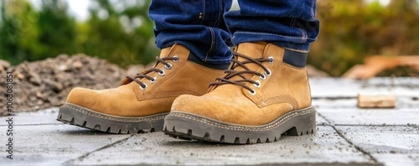Obraz Close-up of sturdy brown work boots on a construction site, set against a blurred background of gravel and natural elements.