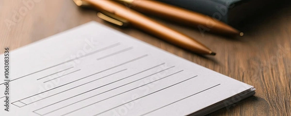 Fototapeta Empty form with blank lines on a wooden desk accompanied by two pens, perfect for workspace organization or documentation concepts.