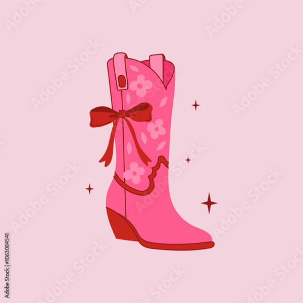 Fototapeta Retro coquette Cowgirl boot with bow on pink background. Cowboy western and wild west theme. Hand drawn vector.