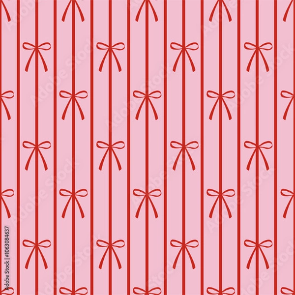 Fototapeta Seamless pattern with red bow knot on striped pink background. Trendy hair braiding accessory. Editable vector illustration for wrapping paper, packaging, fabric, room decor, phone case etc.
