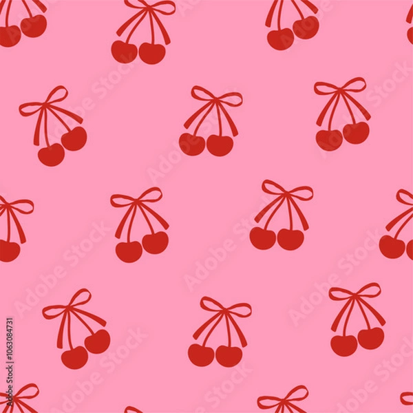 Fototapeta Seamless abstract pattern with cherries and coquette bows. Editable vector illustration for wrapping paper, packaging, fabric, room decor, phone case etc.